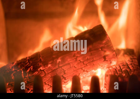 Brennende eiche Zweige in Holz Kamin Stockfoto