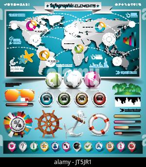 Vektor Sommer Reisen Infografik set mit Karte und Urlaub Elemente der Welt. EPS 10 Abbildung. Stock Vektor