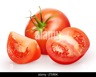 Ganze frische rote Tomate mit grünen Blättern, Halb- und Scheibe auf weißem Hintergrund Stockfoto