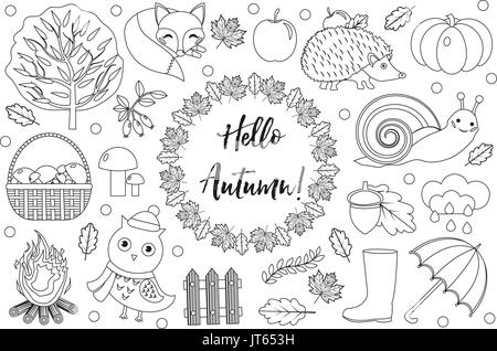 Hallo Herbst Icons Set Skizze, Zeichnung hingegen doodle Stil. Kollektion-Design Elemente mit Blätter, Bäume, Pilze, Kürbis, wilde Tiere, Regenschirm ein Stock Vektor