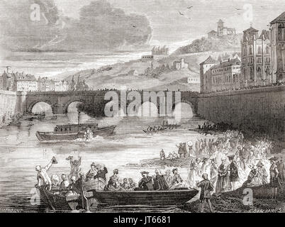 Die erste Demonstration auf dem Fluss Saône in Frankreich von der frühen experimentellen Dampfer Pyroscaphe, von Marquis de Jouffroy d'Abban, 15. Juli 1783 gebaut.  Claude-François-Dorothée, Marquis de Jouffroy d'Abbans, 1751 – 1832.  Naval Architect, Ingenieur, Unternehmer und französische Freimaurer.  Von Les Merveilles De La Science veröffentlichte 1870. Stockfoto