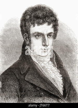 Robert Fulton, 1765-1815. US-amerikanischer Ingenieur und Erfinder, weit gutgeschrieben mit der Entwicklung von einem kommerziell erfolgreiche Dampfschiff namens The North River Steamboat Claremont.  Er war auch im Auftrag von Napoleon Bonaparte im Jahr 1800 zu versuchen, die Nautilus zu entwerfen, die das erste praktische Unterseeboot in der Geschichte war.  Von Les Merveilles De La Science veröffentlichte 1870. Stockfoto