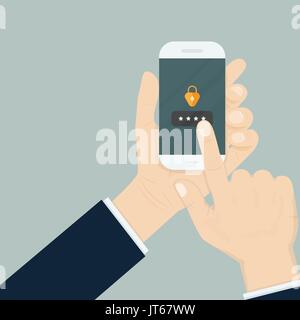 Hand, Smartphone, während die Eingabe des Passworts. Handy entsperrt Anmeldung und Passwort anmelden, Smartphone Security, persönlichen Zugang, uns Stock Vektor