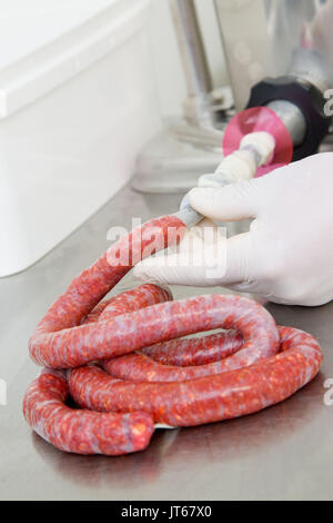 Bauernhof Verarbeitung: Vorbereitung von merguez Würstchen in einer Farm Stockfoto