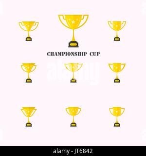 Satz von verschiedenen goldenen Bechern. goldene Trophäe Cup auf weißem Hintergrund. Premium Qualität. Glänzende goldene Sieger Cup. Vector Illustration. Stock Vektor