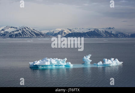 Die Bildung von Eis in den Fjord mit Schnee Berge im Hintergrund. Im Juni, Woodfjorden, Spitzbergen, Svalbard, Norwegen genommen Stockfoto