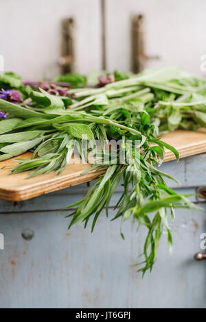 Sortiment an frische Kräuter Minze, Oregano, Thymian, Salbei blüht auf Schneidebrett über alten blau weiß Küche aus Holz Tisch. Rustikaler Stil, Tageslicht. Stockfoto