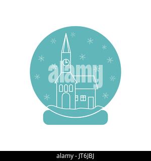 Vector Abbildung: Rathaus mit Uhr und das Haus innen Glaskugel mit Schnee. Design Element für Postkarte, Einladung, Banner oder Flyer i Stock Vektor