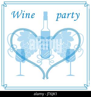 Niedliche Vektor-Illustration der Flasche Wein, Gläser, Trauben und Herz im Rahmen. Weinhandel. Shop, Bar, Restaurant, Weinkeller, Weinproben, Liste oder ev Stock Vektor