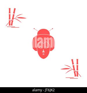 Stilisierte Ikone der japanischen Frau Gesicht und Bambus. Reisen und Freizeit. Design für Banner, Poster oder Druck. Stock Vektor