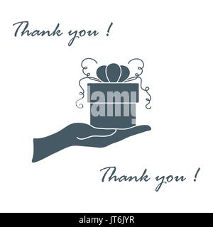 Niedliche Bild mit Hand, ein Geschenk und eine Inschrift: Ich danke Ihnen auf einem weißen Hintergrund. Stock Vektor
