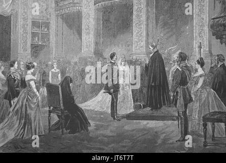Hochzeit von Prinz Heinrich von Preußen und der Prinzessin Irene von Hessen 1888, in der Kapelle des Palais Charlottenburg, Berlin, Deutschland, Digital verbesserte Reproduktion eines Bildes zwischen 1880 - 1885 veröffentlicht. Stockfoto
