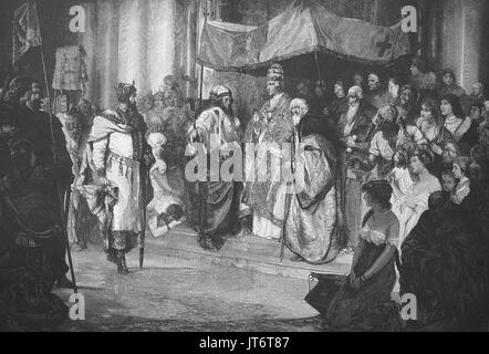 Sitzung des Kaiser Friedrich Barbarossa und Papst Alexander III., den 24. Juni 1177. Friedrich, Friedrich, 1122 - 1190, auch bekannt als Friedrich Barbarossa, Kaiser des Heiligen Römischen Reiches von 1155 bis zu seinem Tod Papst Alexander III., geboren Roland von Siena, war Papst vom 7. September 1159 bis zu seinem Tod 1181., Digital verbesserte Reproduktion eines Bildes zwischen 1880 - 1885 veröffentlicht. Stockfoto