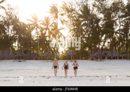 Gruppe von Senioren Freunde schöner Sonnenuntergang Spaziergang am Strand zu genießen. Stockfoto