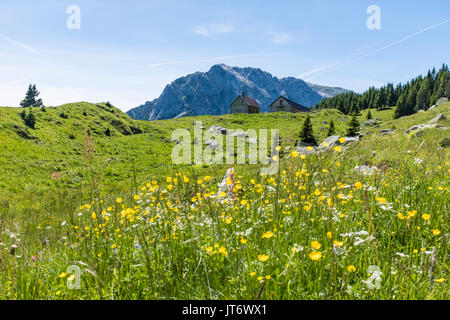 Blick von Auernig Alm mit alten Hütten auf Nassfeld in der Karnischen Alpen Berg Rosskofel Stockfoto