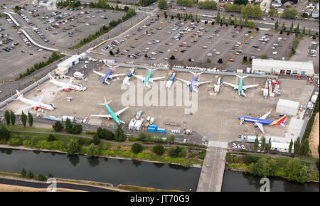 Luftaufnahme von Boeing 737 MAX Flugzeuge im Bau an Renton, Washington State, USA Stockfoto