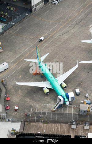 Luftaufnahme von JetAirways Boeing 737 MAX Flugzeug im Bau an Renton, Washington State, USA Stockfoto