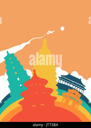 Reisen Sie China Landschaft Abbildung, Wahrzeichen der chinesischen Welt. Enthält verbotene Stadt, Himmel Tempel, alte Pagoden. EPS10 Vektor. Stock Vektor