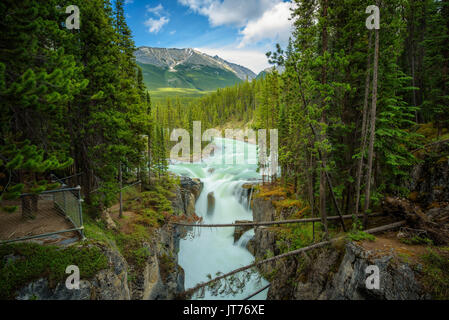 Obere Sunwapta Falls im Jasper National Park, Kanada. Das Wasser stammt aus dem Athabasca-gletscher. Lange Belichtung. Stockfoto