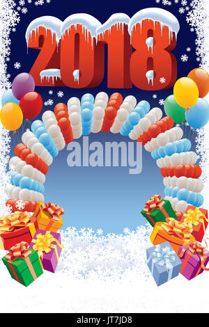Neue Jahr 2018 Dekoration auf weißen Hintergrund mit Luftballons und Geschenken. Stockfoto
