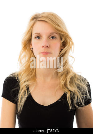 Keine Emotionen Porträt einer schönen blonden Jungen kaukasischen Frau isoliert auf weißem Hintergrund Stockfoto