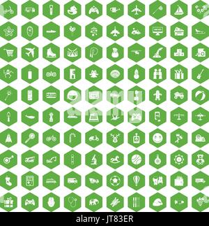 100 Spielzeug für Kinder Symbole Hexagon grün Stock Vektor
