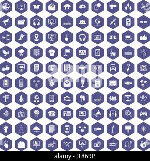 100 Kommunikation Symbole Sechseck lila Stock Vektor