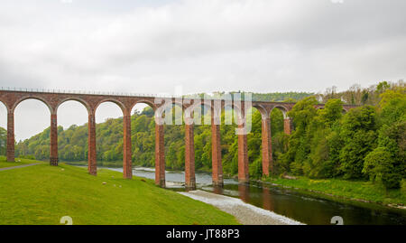 Leaderfoot/Drygrange Viadukt, ein Erbe aus dem 19. Jahrhundert Sandstein Eisenbahnbrücke der Tweed River Crossing in Schottland aufgeführt Stockfoto