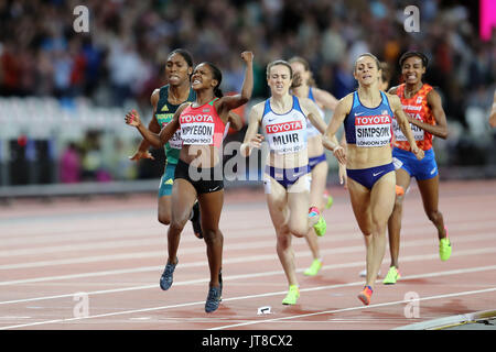 London, Großbritannien. 07-Aug-17. Glauben Chepngetich KIPYEGON von Kenia gewinnen 1500 m-Finale der Frauen, Platz 2 ging an Jennifer Simpson der USA, 3. in den Caster Semenya aus Südafrika und 4. an Laura Muir von Großbritannien an der Leichtathletik-WM 2017, Queen Elizabeth Olympic Park, Stratford, London, UK. Foto: Simon Balson/Alamy leben Nachrichten Stockfoto