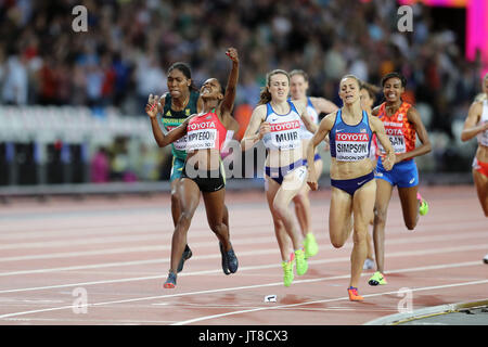 London, Großbritannien. 07-Aug-17. Glauben Chepngetich KIPYEGON von Kenia gewinnen 1500 m-Finale der Frauen, Platz 2 ging an Jennifer Simpson der USA, 3. in den Caster Semenya aus Südafrika und 4. an Laura Muir von Großbritannien an der Leichtathletik-WM 2017, Queen Elizabeth Olympic Park, Stratford, London, UK. Foto: Simon Balson/Alamy leben Nachrichten Stockfoto