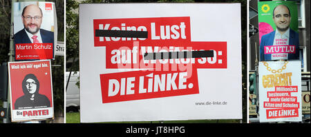 Verschiedene Parteien'-Kampagne Plakate für die Bundestagswahl 2017 auf einer Straße in Berlin, Deutschland, 8. August 2017. Die deutsche parlamentarische Wahlen für den 24. September 2017 geplant. Foto: Wolfgang Kumm/dpa Stockfoto