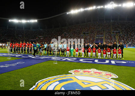 Skopje, Mazedonien. 8 Aug, 2017. Team Gruppe Liune-up UEFA Super Cup Finale zwischen Real Madrid gegen Manchester United Match am Philipo II Nationale Arena (Skopje) Mazedonien, 8. August 2017. Credit: Gtres Información más Comuniación auf Linie, S.L./Alamy leben Nachrichten Stockfoto