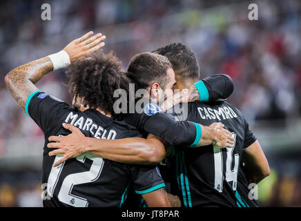 Skopje, Mazedonien. 08 Aug, 2017. August 2017, Philipp II. Nationale Arena, Skopje, Mazedonien; UEFA Super Cup 2017; Real Madrid gegen Manchester United; Spieler von Real Madrid feiern das Ziel während des Super Cup match Credit: Nikola Krstic/Alamy leben Nachrichten Stockfoto