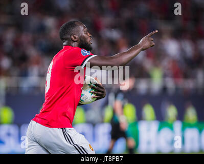 Skopje, Mazedonien. 08 Aug, 2017. August 2017, Philipp II. Nationale Arena, Skopje, Mazedonien; UEFA Super Cup 2017; Real Madrid gegen Manchester United; vorwärts Romelu Lukaku von Manchester United feiern das Ziel während des Super Cup match Credit: Nikola Krstic/Alamy leben Nachrichten Stockfoto