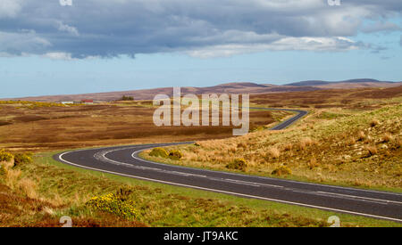 Panoramablick auf die Landschaft mit weitläufigen Golden Mauren im Hochland von Schottland mit schmalen Straße, die zu den fernen Bergen unter blauem Himmel Stockfoto