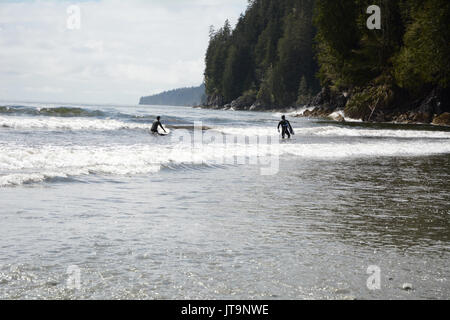 Ein paar Surfer auf Pacheedaht Strand, auf einem nativen finden mit dem gleichen Namen, in der Nähe von Port Renfrew, Vancouver Island, British Columbia, Kanada. Stockfoto