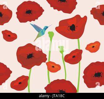 Vector Illustration der Mohnblumen floral background mit Kolibris Stock Vektor