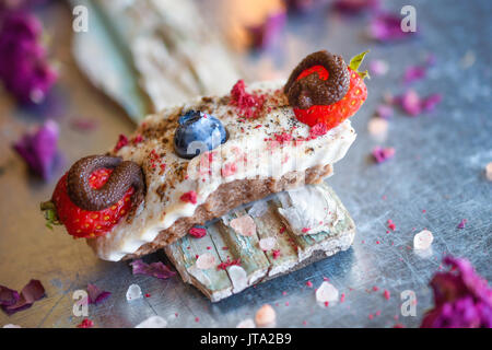 Veganer Käsekuchen Bissen mit Cashew Creme, mit Schokolade überzogene Erdbeeren und Heidelbeeren, Finger sortierte Snack. Stockfoto