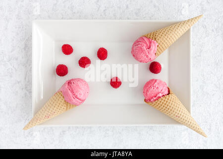 Schaufeln des hausgemachten Himbeer Eis in der Waffel mit frischen Himbeeren auf weißem Porzellan Platte angeordnet sind. Stockfoto