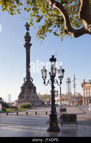 Das Kolumbus Denkmal (Monument a Colom), Plaça del Portal de la Pau Barcelona, Katalonien, Spanien, Europa Stockfoto
