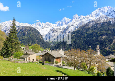 Blick auf soglio zwischen Wiesen und schneebedeckten Gipfeln im Frühjahr, Maloja, Bergell, Engadin, Kanton Graubünden, Schweiz Stockfoto