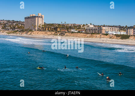 Surfer warten in den Gewässern des La Jolla für die nächste große Welle, Kalifornien, Vereinigte Staaten von Amerika, Nordamerika Stockfoto