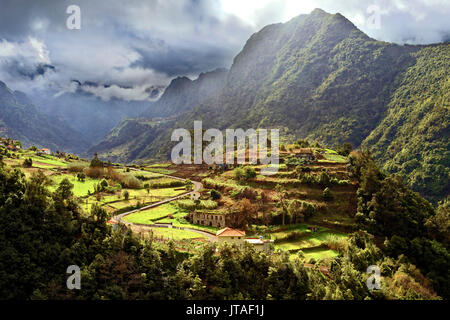 Blick auf Ackerland und baum Hügel und Berge in der Nähe von Boaventura, Madeira, Portugal, Atlantik, Europa erhöhte Stockfoto