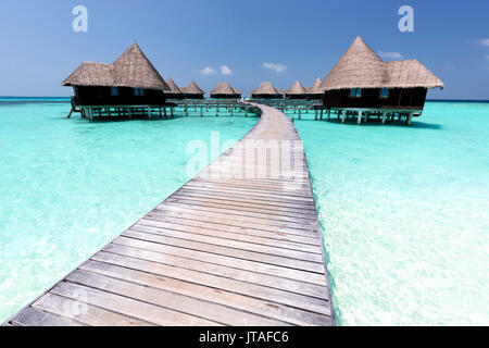 Über dem Wasser Villen, kristallklares Meer, blauer Himmel, Coco Palm Dhuni Kolhu, Baa Atoll, Malediven, Indischer Ozean, Asien Stockfoto