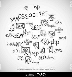 Schwarzen Kritzeleien Hand gezeichnet Website Entwicklung Symbole auf weiß gesetzt. EPS10 Vektor-Illustration. Stock Vektor