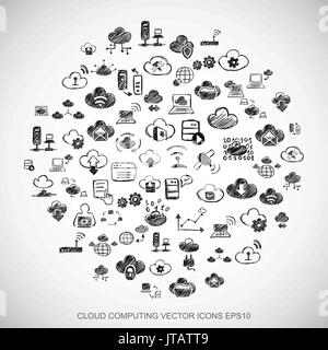 Schwarz doodles Hand gezeichnet Cloud Technologie Symbole auf Weiß gesetzt. EPS 10 Vector Illustration. Stock Vektor
