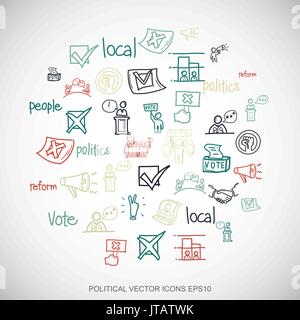 Multicolor Kritzeleien set Hand gezeichnet Politik Icons auf weiß. EPS10 Vektor-Illustration. Stock Vektor