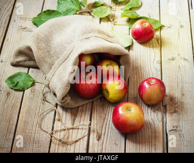 Rote Äpfel in einem Beutel auf alten hölzernen Hintergrund Reif Stockfoto
