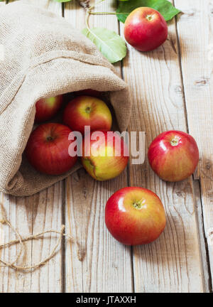 Rote Äpfel in einem Beutel auf alten hölzernen Hintergrund Reif Stockfoto