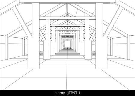 Abstrakte Industriegebäude Konstruktionen indoor. Ablaufverfolgung Darstellung von 3d Stock Vektor